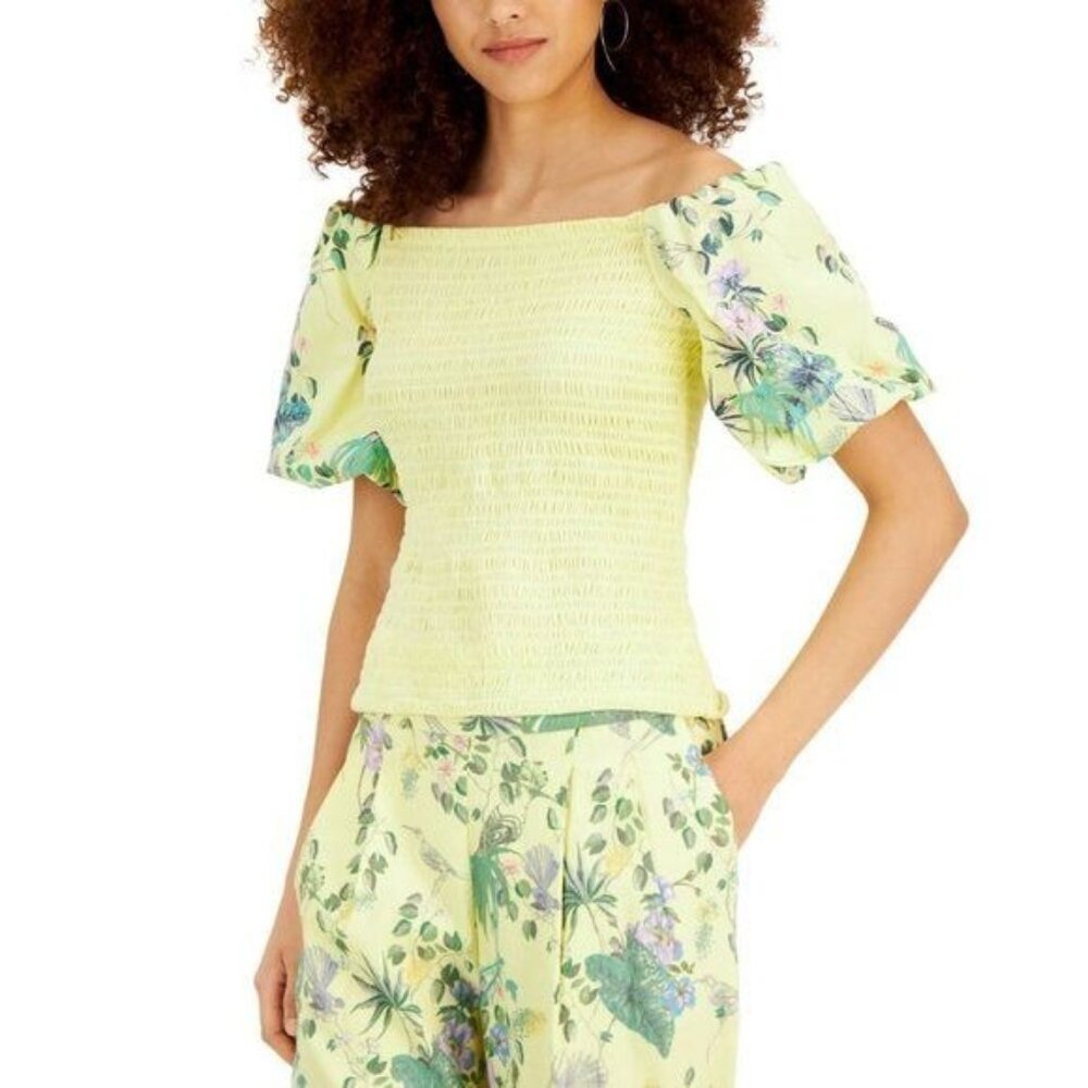 AM-2473 INC Smock Floral-Sleeve Top Yellow Size XL